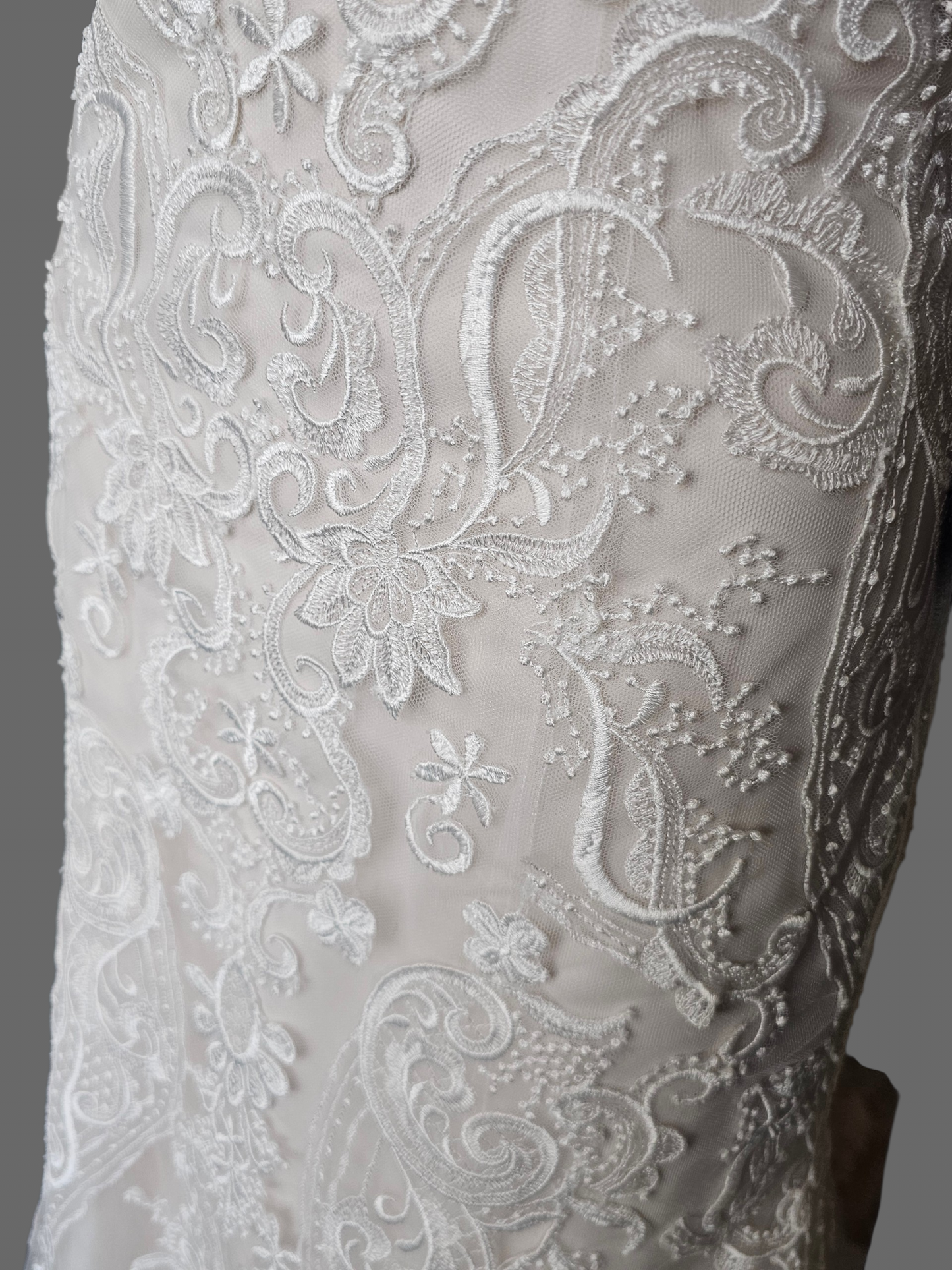 Blush/Ivory Beaded Strap Lace Open Back Fit-Flare Wedding Gown - Rebecca Ingram