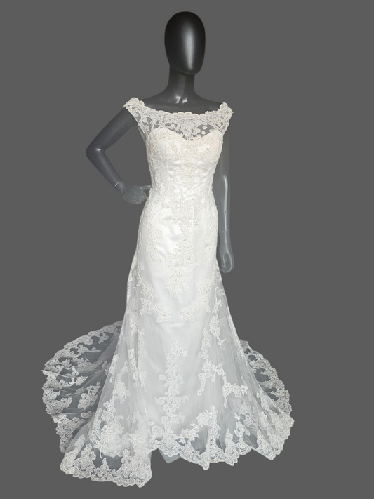Ivory Lace Fit/Flare Bateau Neckline Wedding Gown - Casablanca