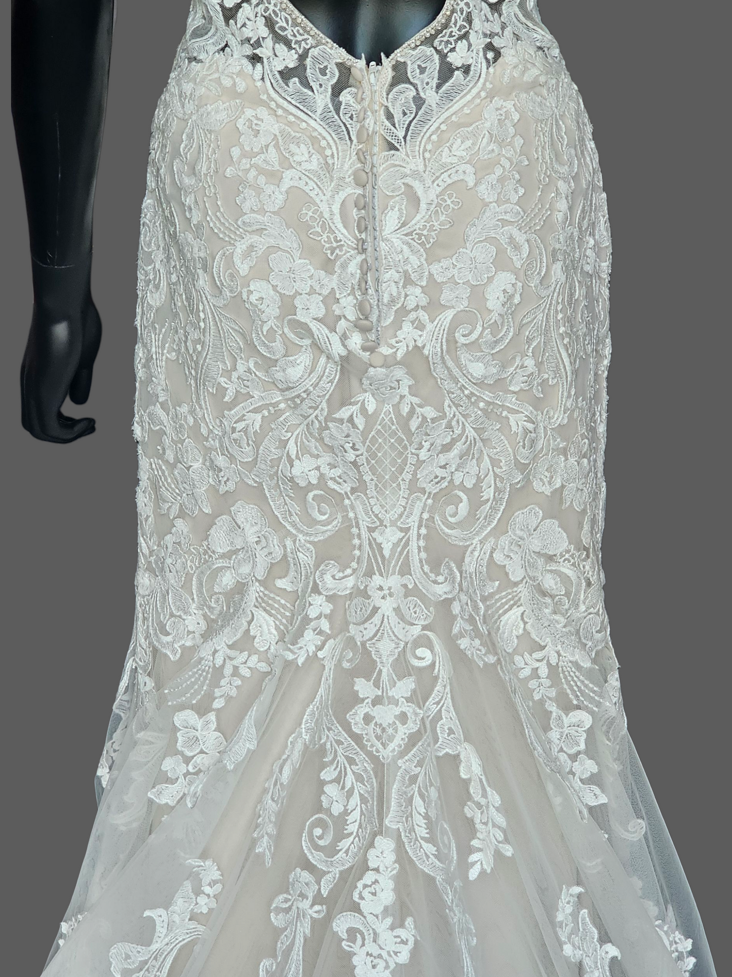 Ivory/Cappuccino Lace Halter Fit/Flare Scallop Train Wedding Gown - Mori Lee