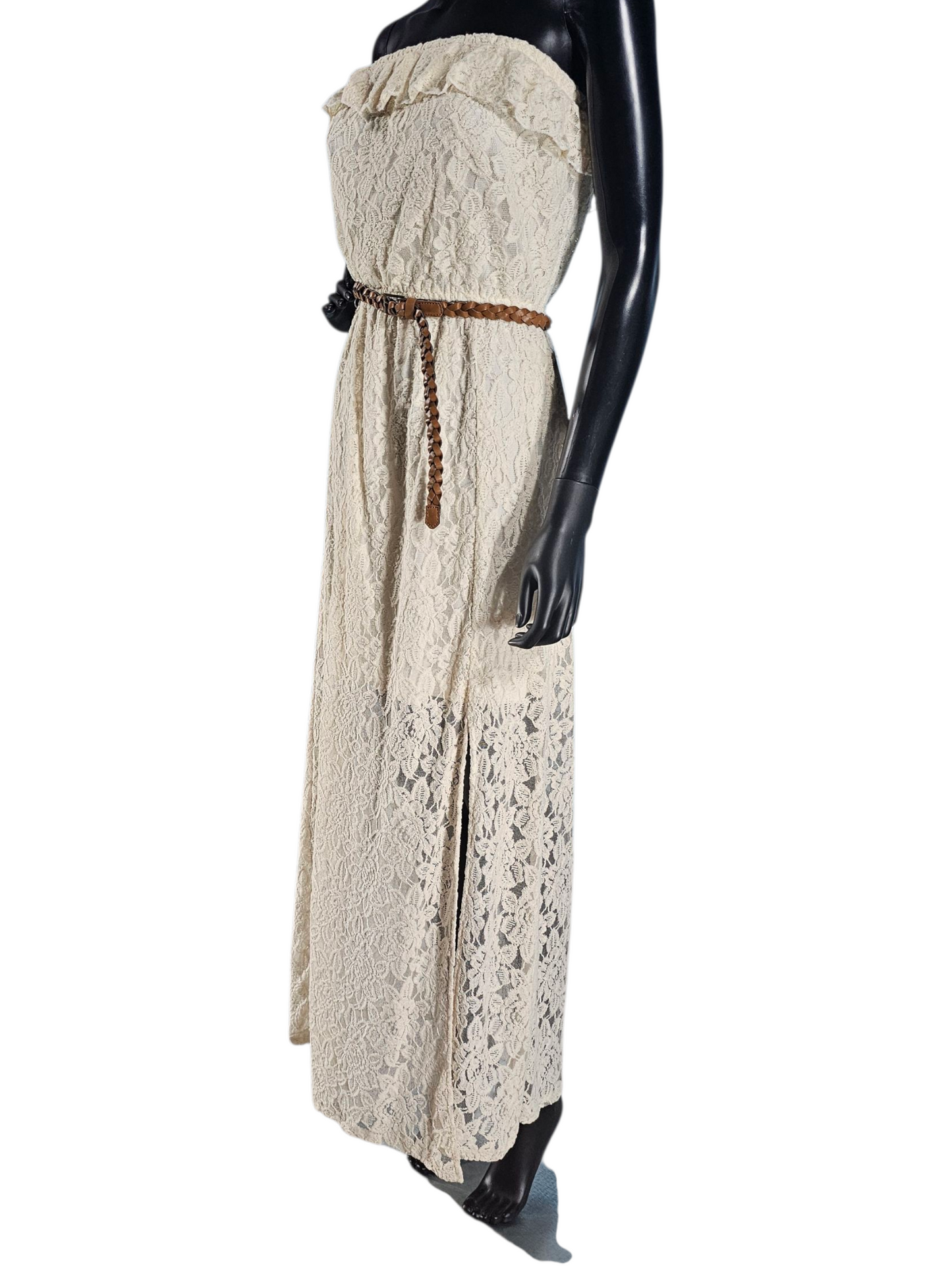 Strapless Lace Maxi Dress W/Leather Belt - Studio Y