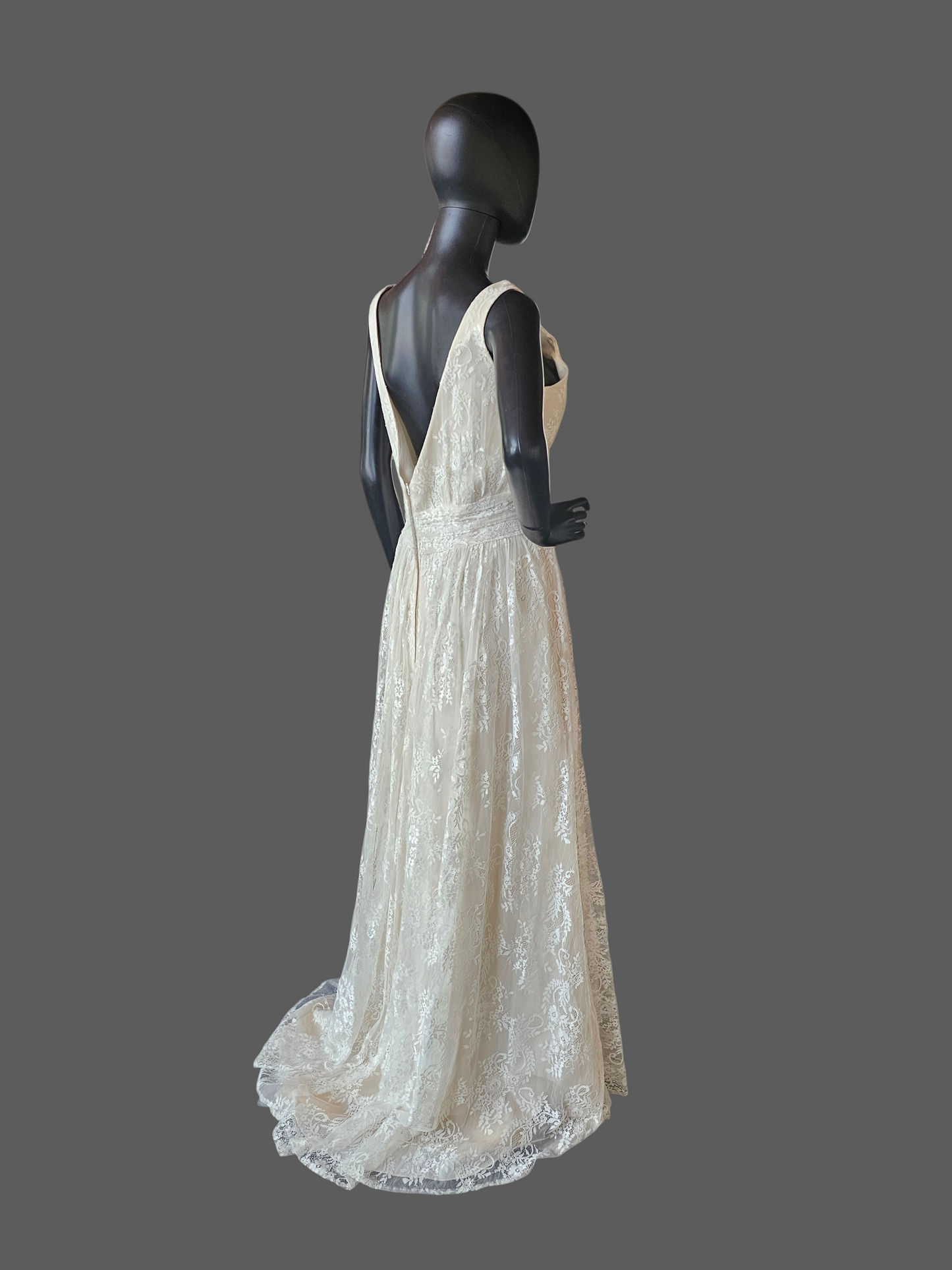 Ivory/Champagne Lace V-Neck Wedding Gown - Da Vinci