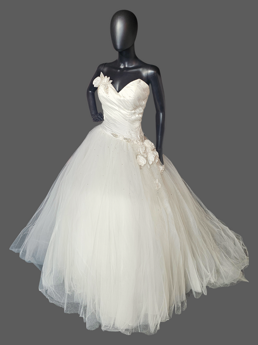 White Asymmetrical Floral Accent Wedding Ballgown - Bill Levkoff