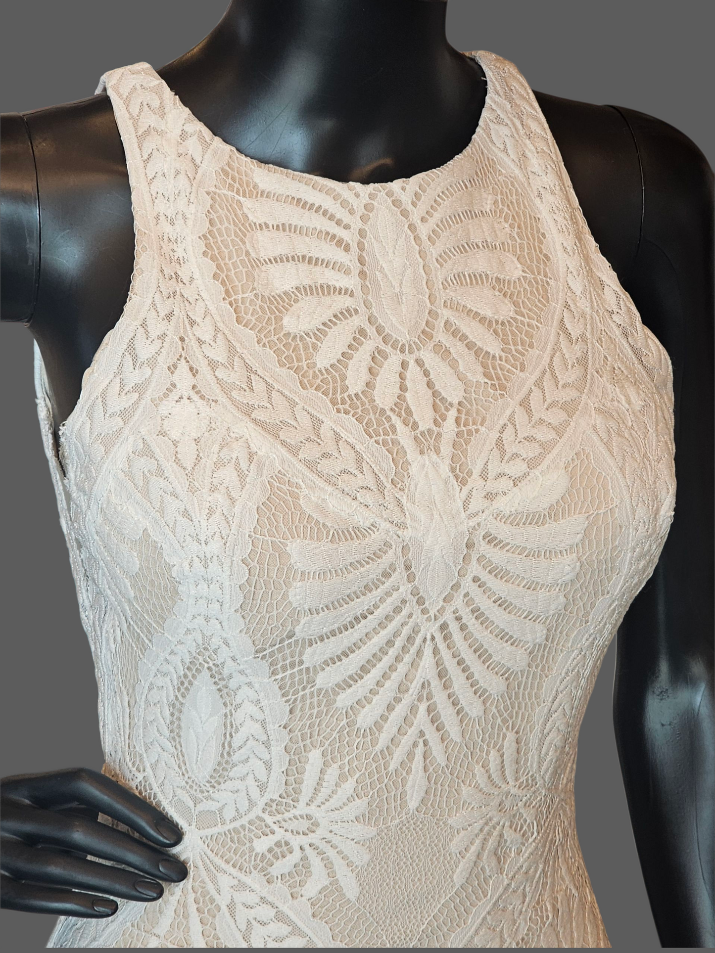 Boho Open Weave Lace Racer Halter Open Back Fitted Wedding Gown  - Wilderly Bride