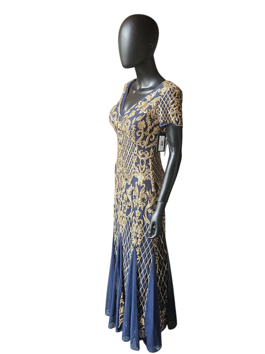 Navy Blue/Gold Sequin V-Neck Short Sleeve- R & M Richards