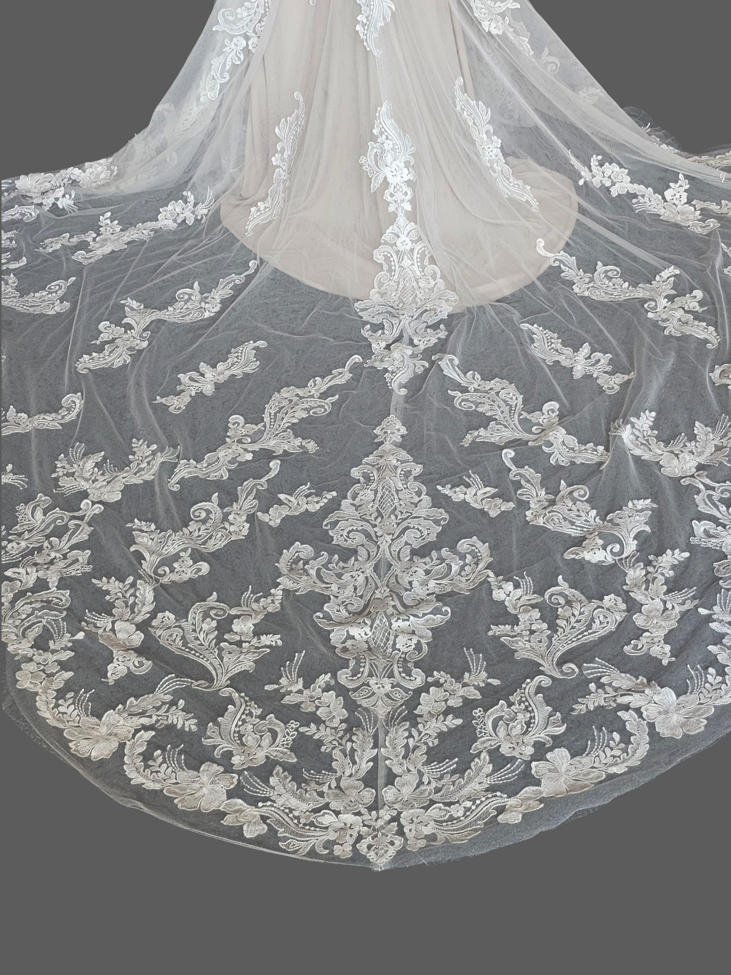 Ivory/Cappuccino Lace Halter Fit/Flare Scallop Train Wedding Gown - Mori Lee