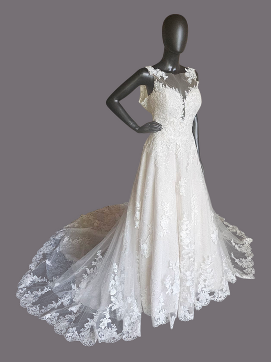 Ivory Illusion Neckline Plunge A-Line Floral Lace Wedding Gown - Morilee