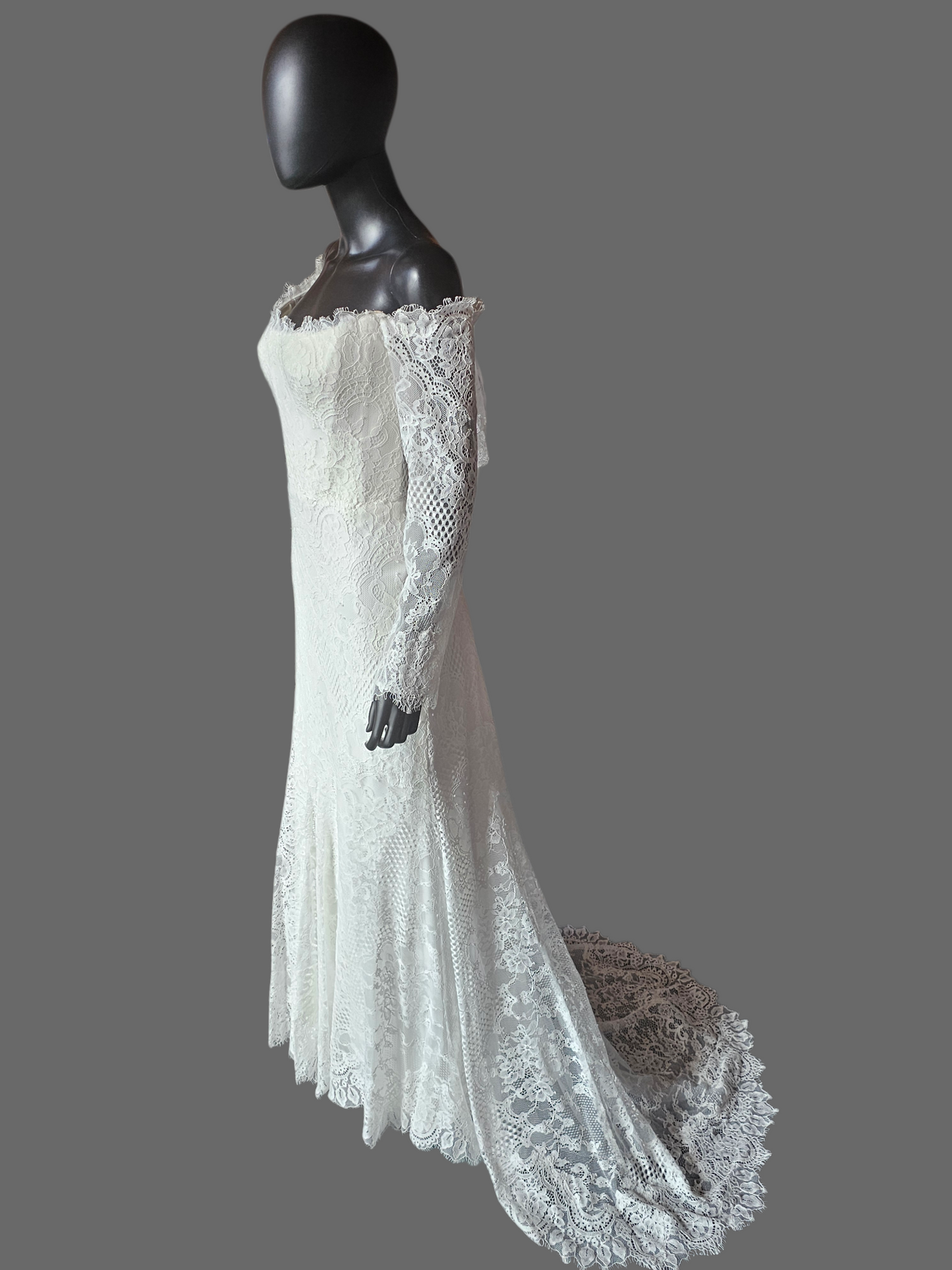 Off Shoulder Soft Ivory Lace Sleeve Fit/Flare Wedding Gown - Wtoo