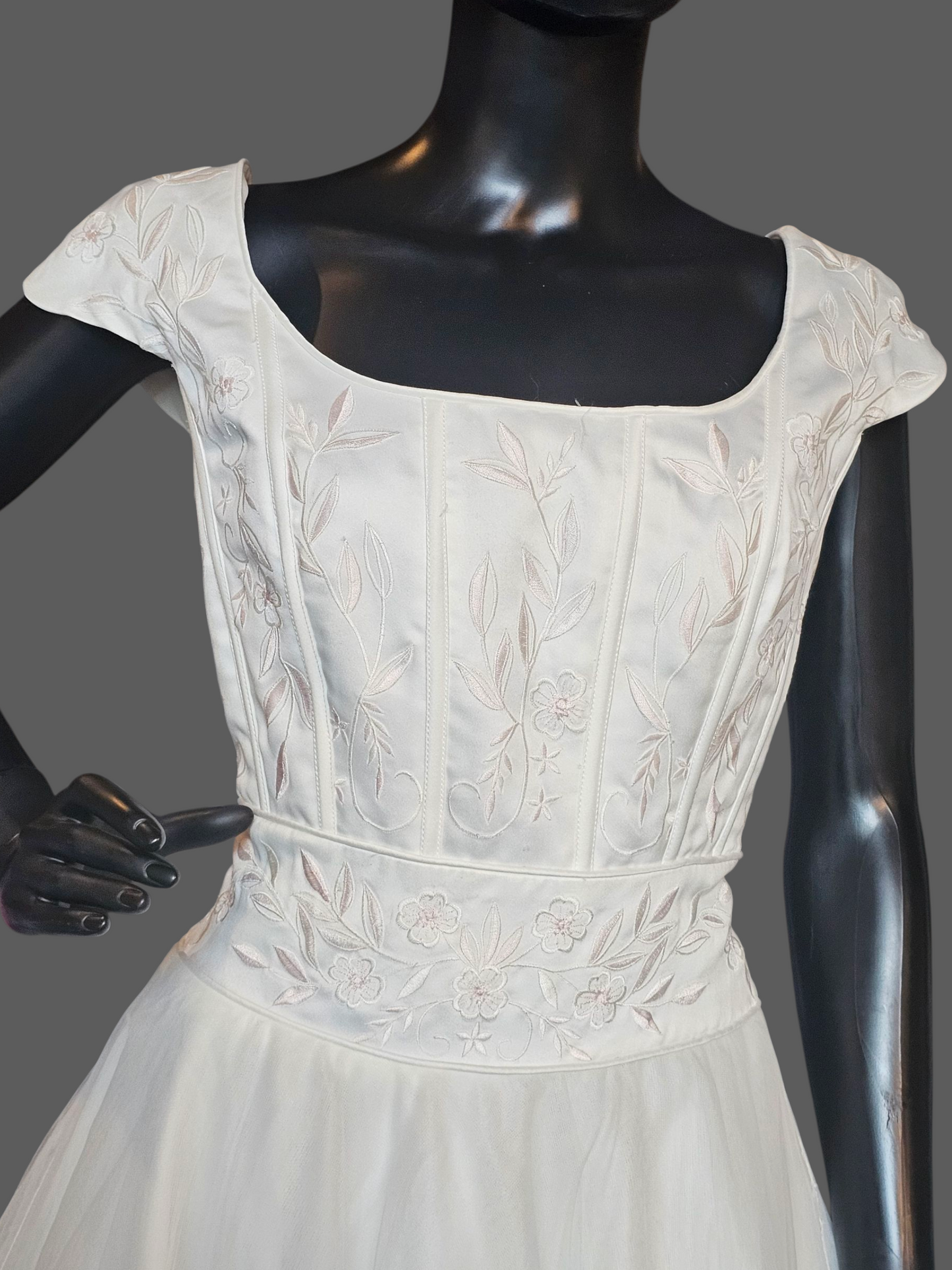 Vintage Ivory/Pink Embroidered Cap Sleeve A-Line Wedding Gown