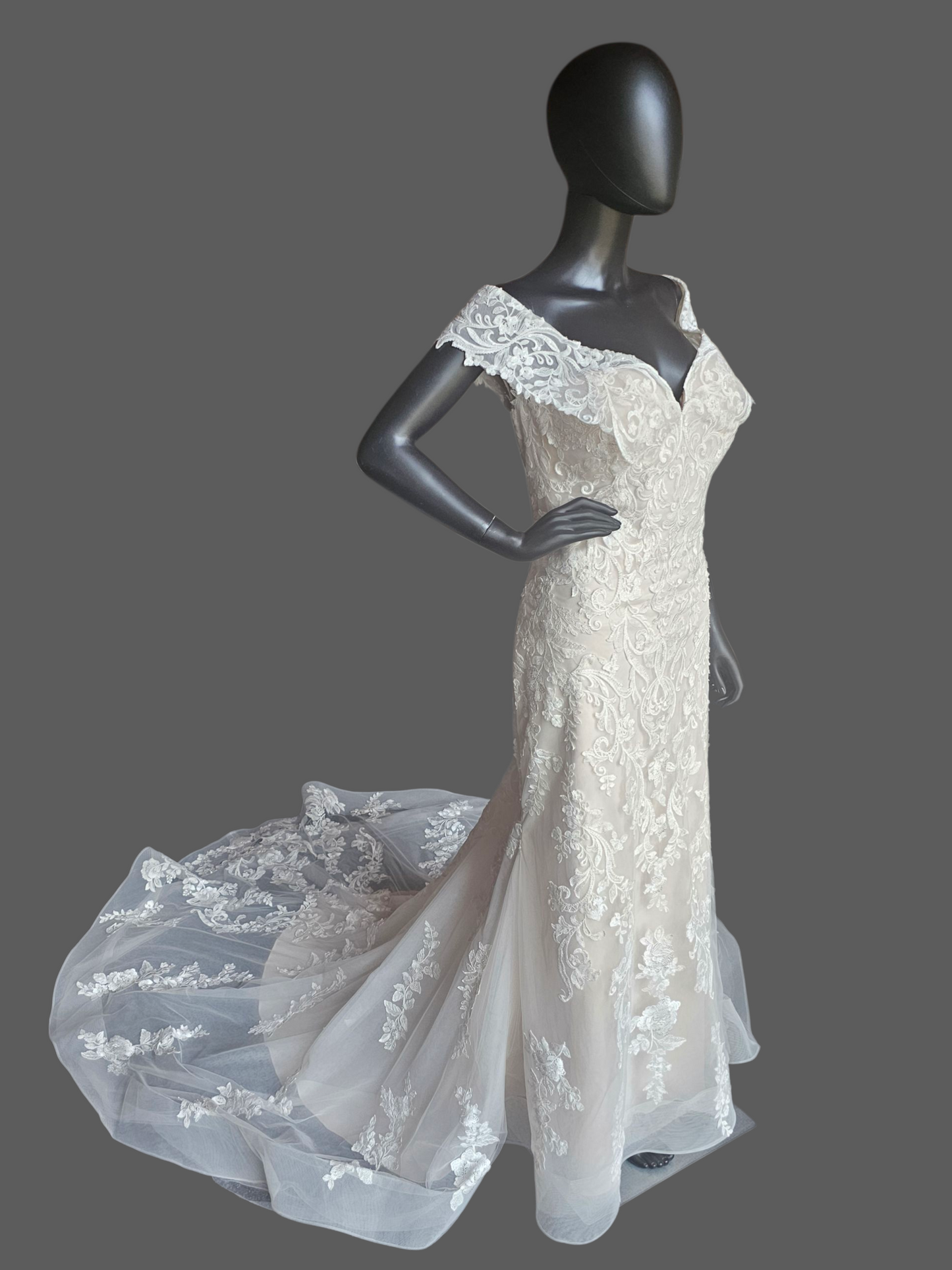 Ivory/Champagne Lace Off Shoulder/Portrait Collar Wedding Gown - Mori Lee