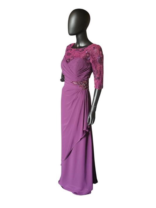 Plum Lace Sleeve Illusion Side Ruched Formal Gown - MGNY