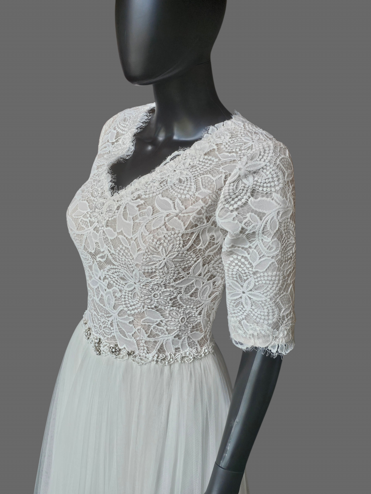Ivory Lace Bodice V-Neck 3/4 Sleeve Wedding Gown - Rebecca Ingram