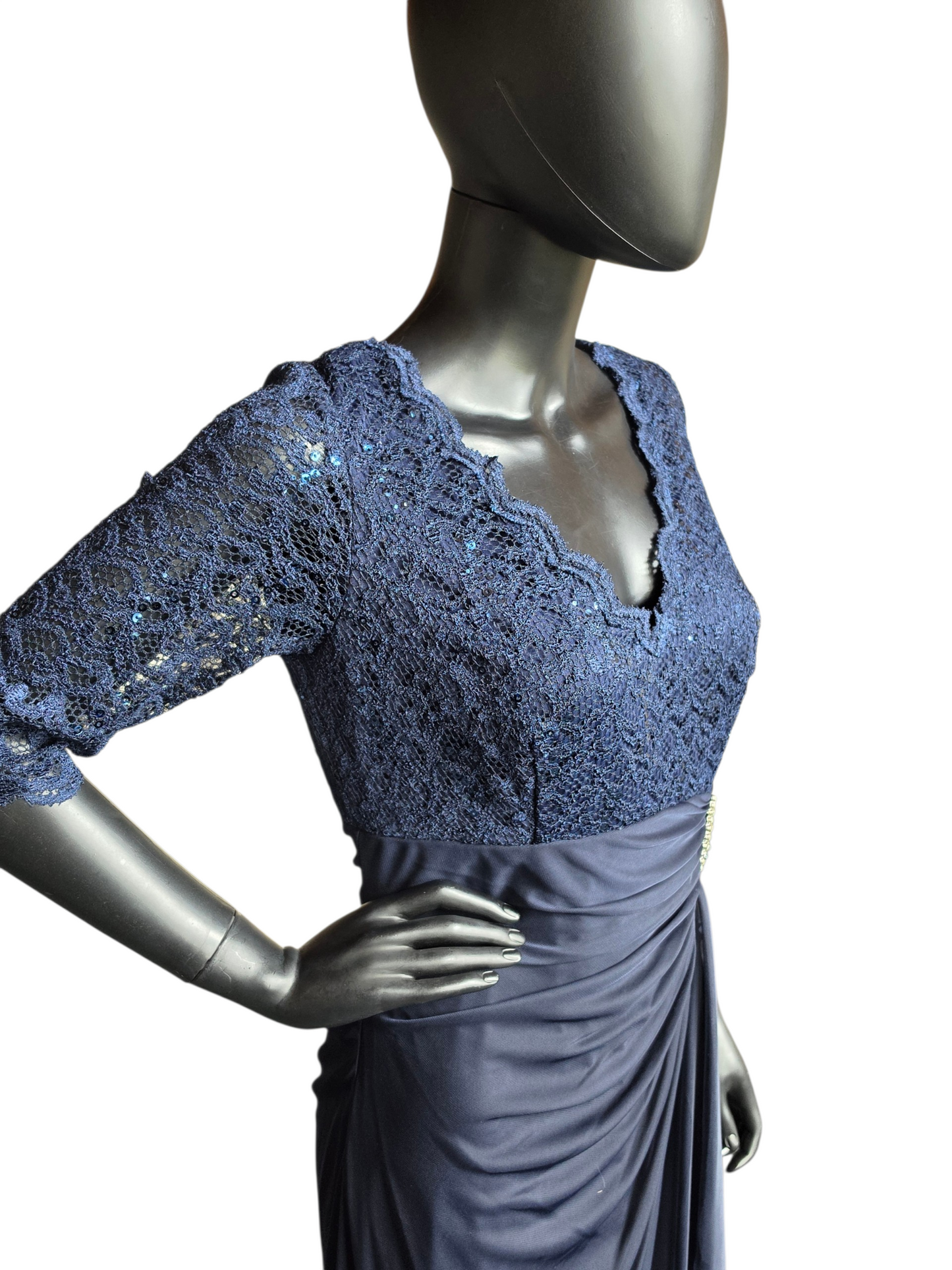 Navy Lace 3/4 Sleeve Crepe Fit/Flare Side Roush V-Neck Formal/ Moms Dress- Betsy + Adam