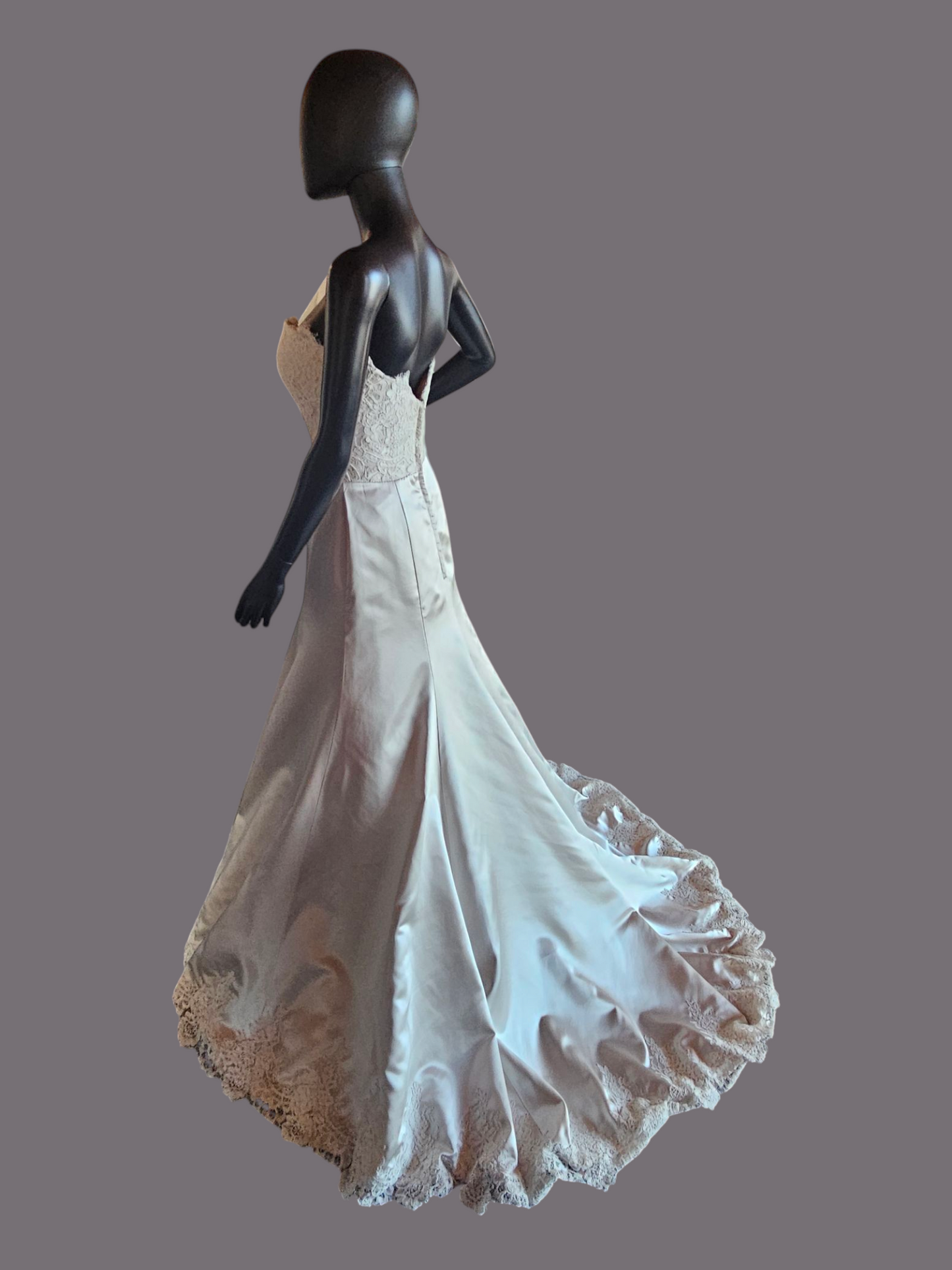 Oyster Satin/Lace Bodice Fit and Flare Wedding Gown