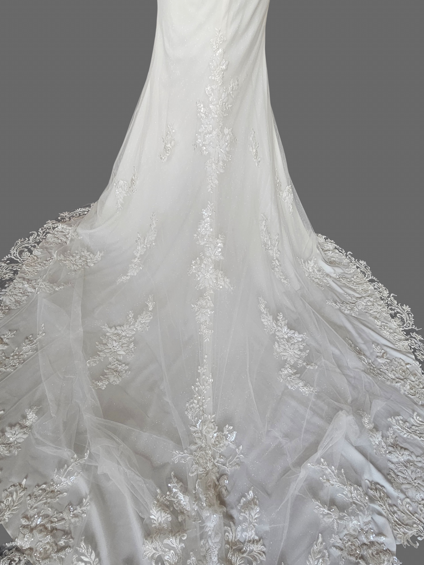 Ivory Overlay Floral Beaded Glitter Fit/Flare Wedding Gown - Davinci