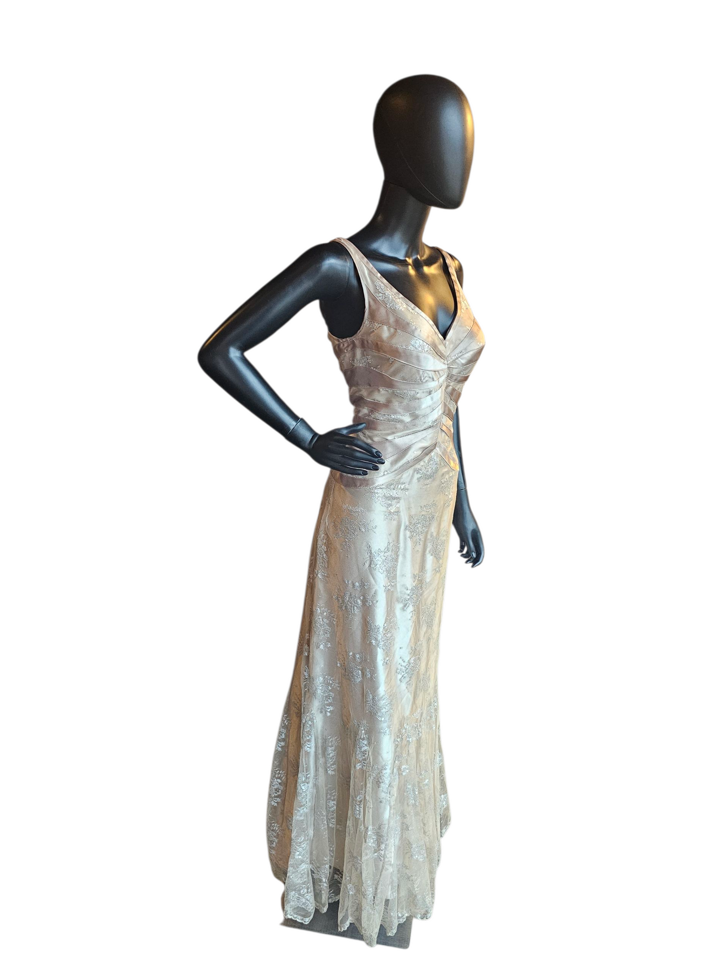 Gold Satin/Silver Lace V-Neck Tiered Fit/Flare Formal Gown - JS Collections