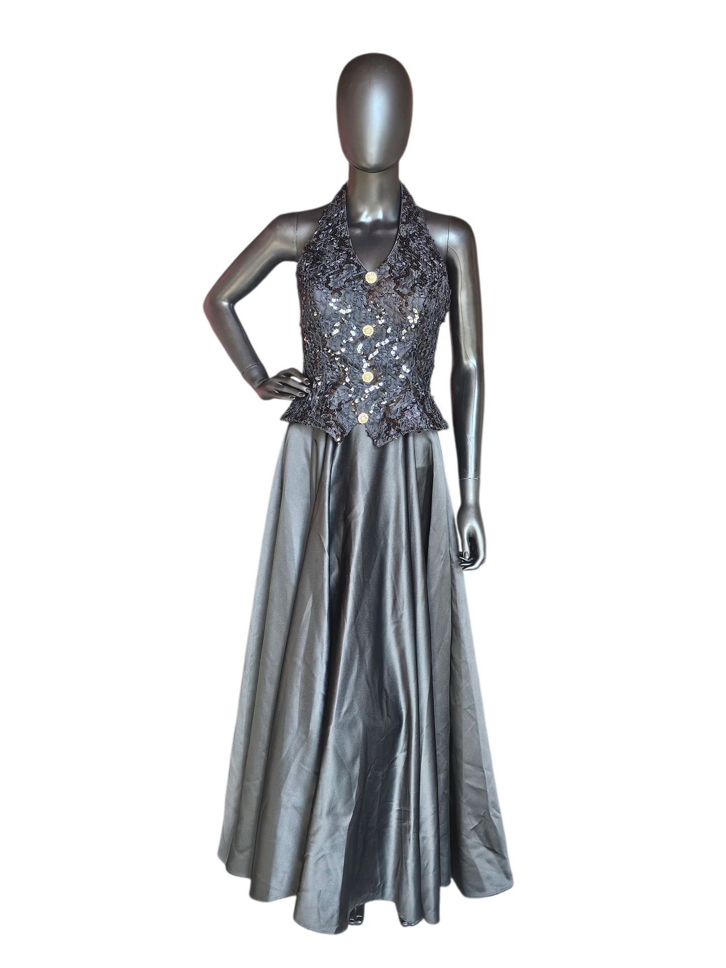 Vintage Black Lace/Satin Halter Formal Dress - Bari Jay