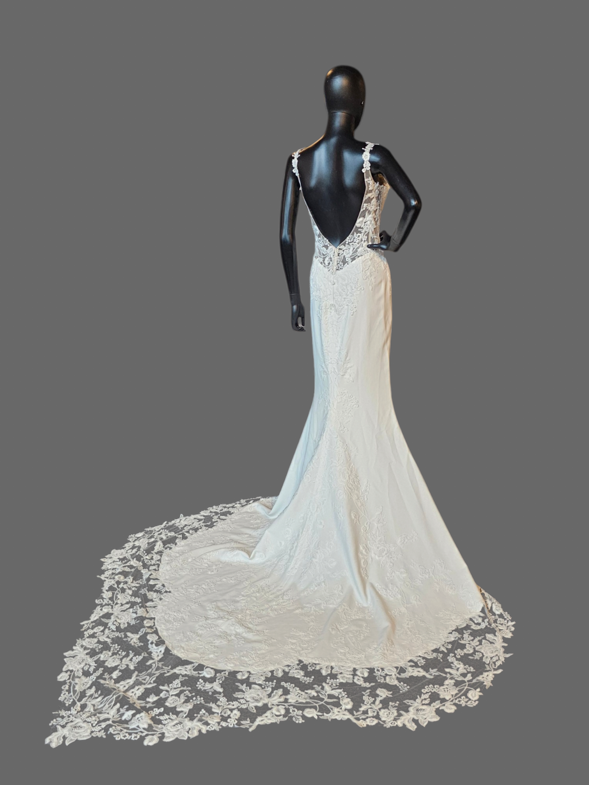 White Lace Fit/Flare Slit V-Plunge Wedding Gown - Beloved