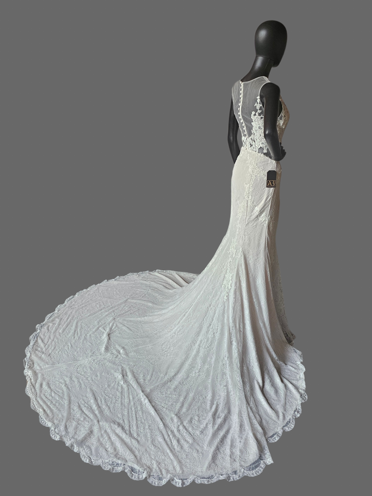 Ivory Illusion Plunge Thick Strap Floral Lace Fit/Flare Wedding Gown - Alyne