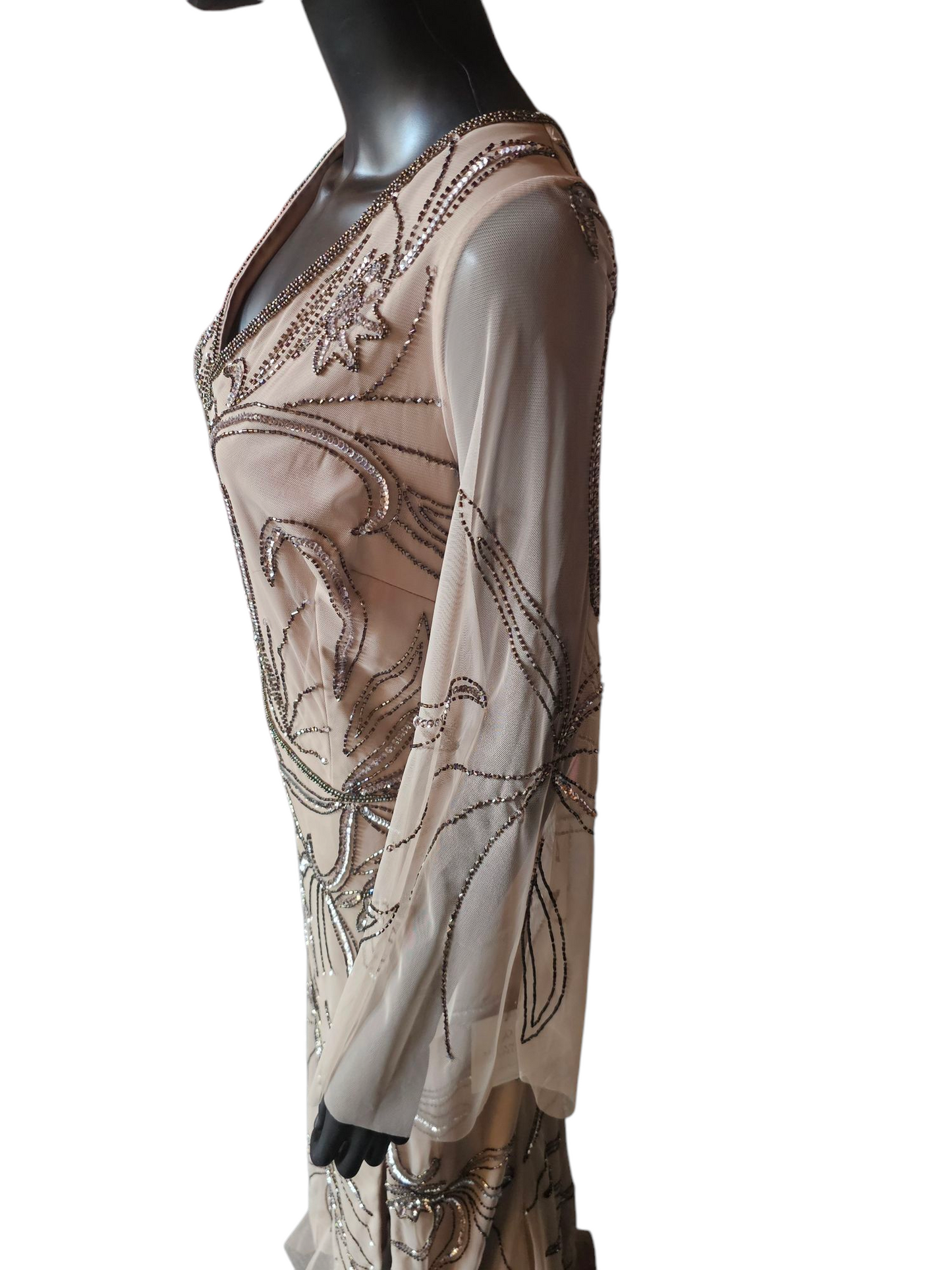 Taupe Beaded Mesh Bell Sleeve Formal Gown - Adrianna Papell