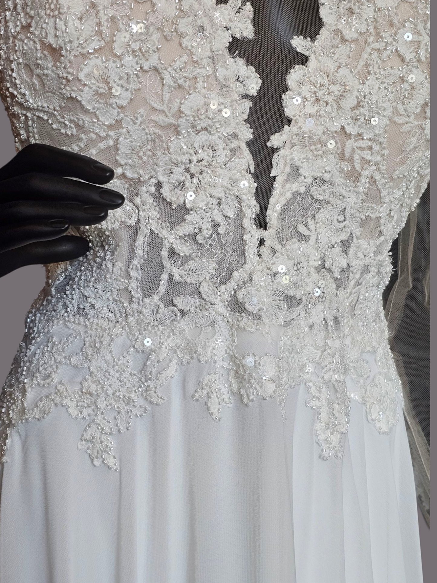 Ivory/Nude Deep Plunge Long Sleeve Chiffon Wedding Gown - Allure Romance