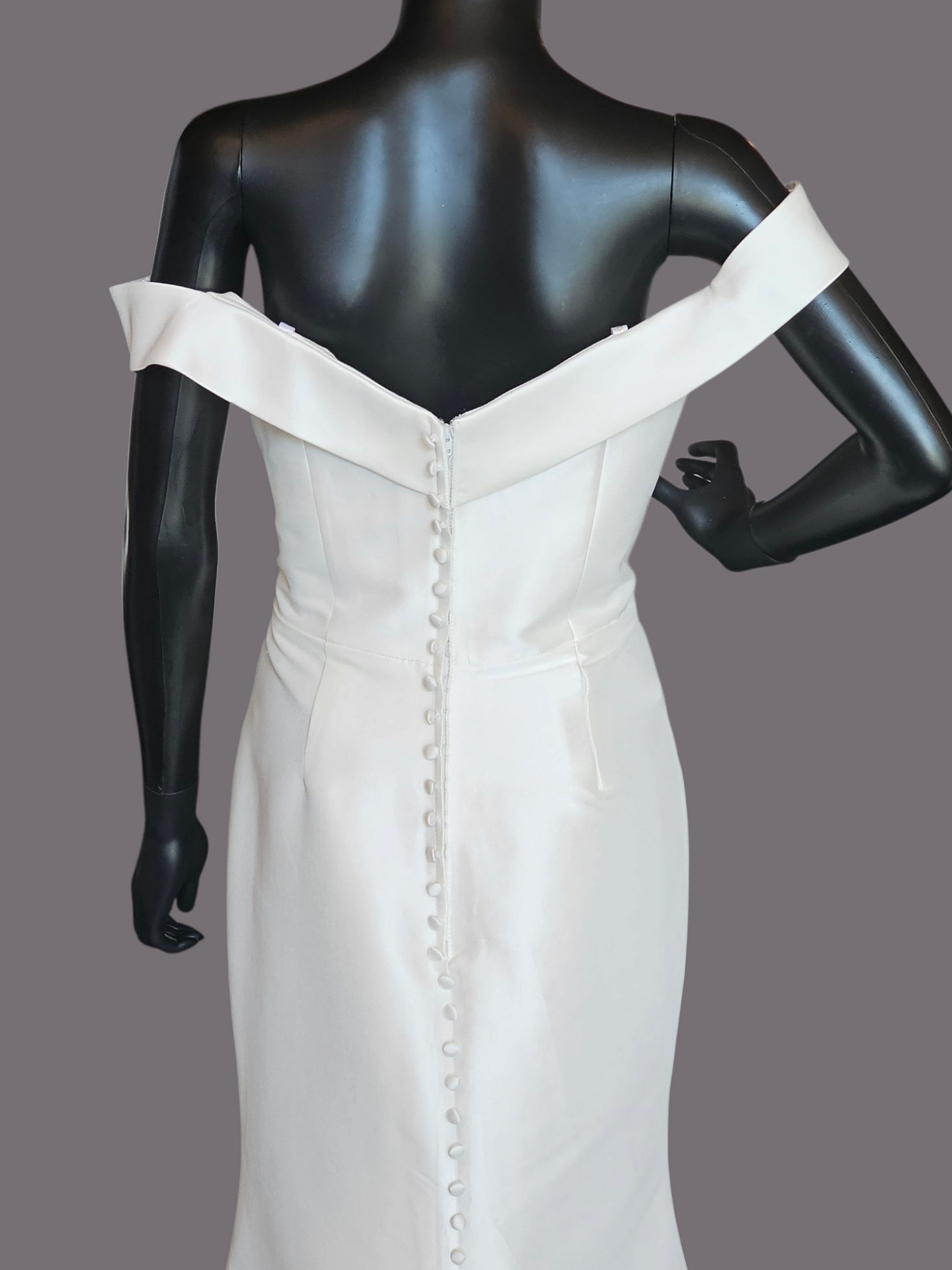 Ivory Satin Twill Fit-Flare Off Shoulder Wedding Gown - Allure Bridals