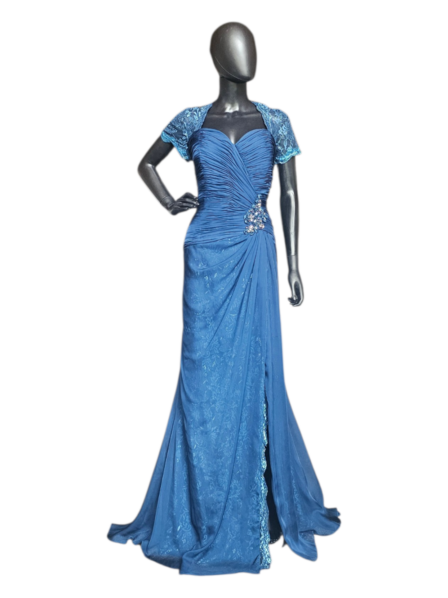 Navy Moms Dress Lace Cap Sleeve Lace Train Beaded Applica Sweetheart Neck  - Feriani Couture
