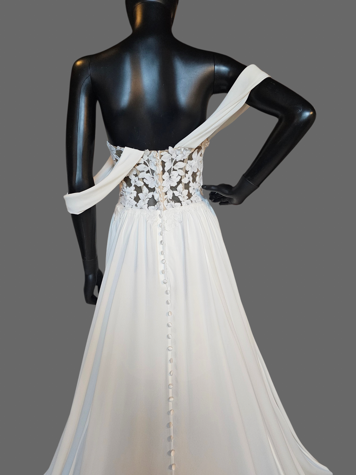 White Lace Drape Shoulder Butter Chiffon Wedding Gown - Dreams