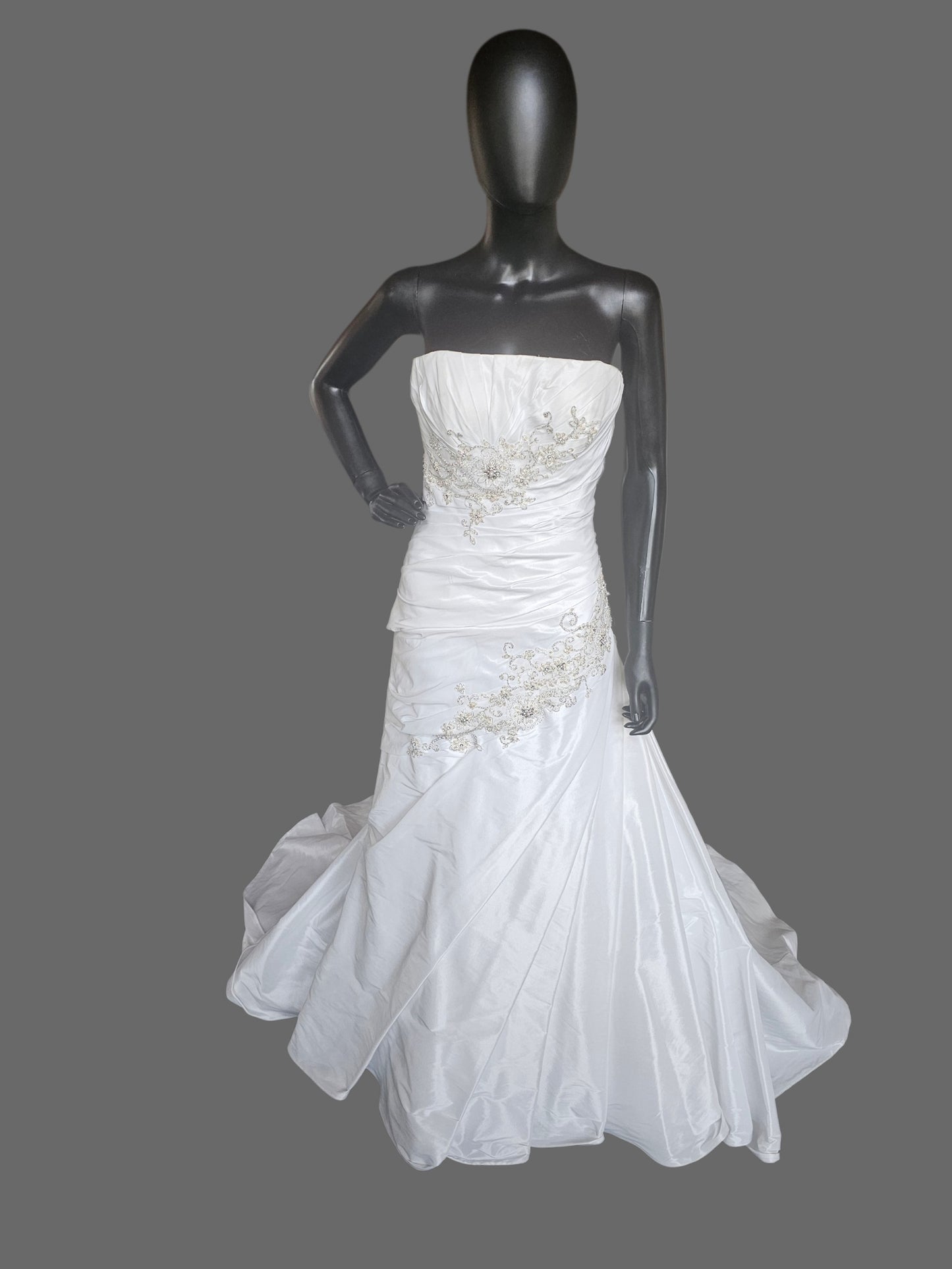 White Taffeta Side Sweep Detailed Applique Strapless Wedding Gown - Casablanca