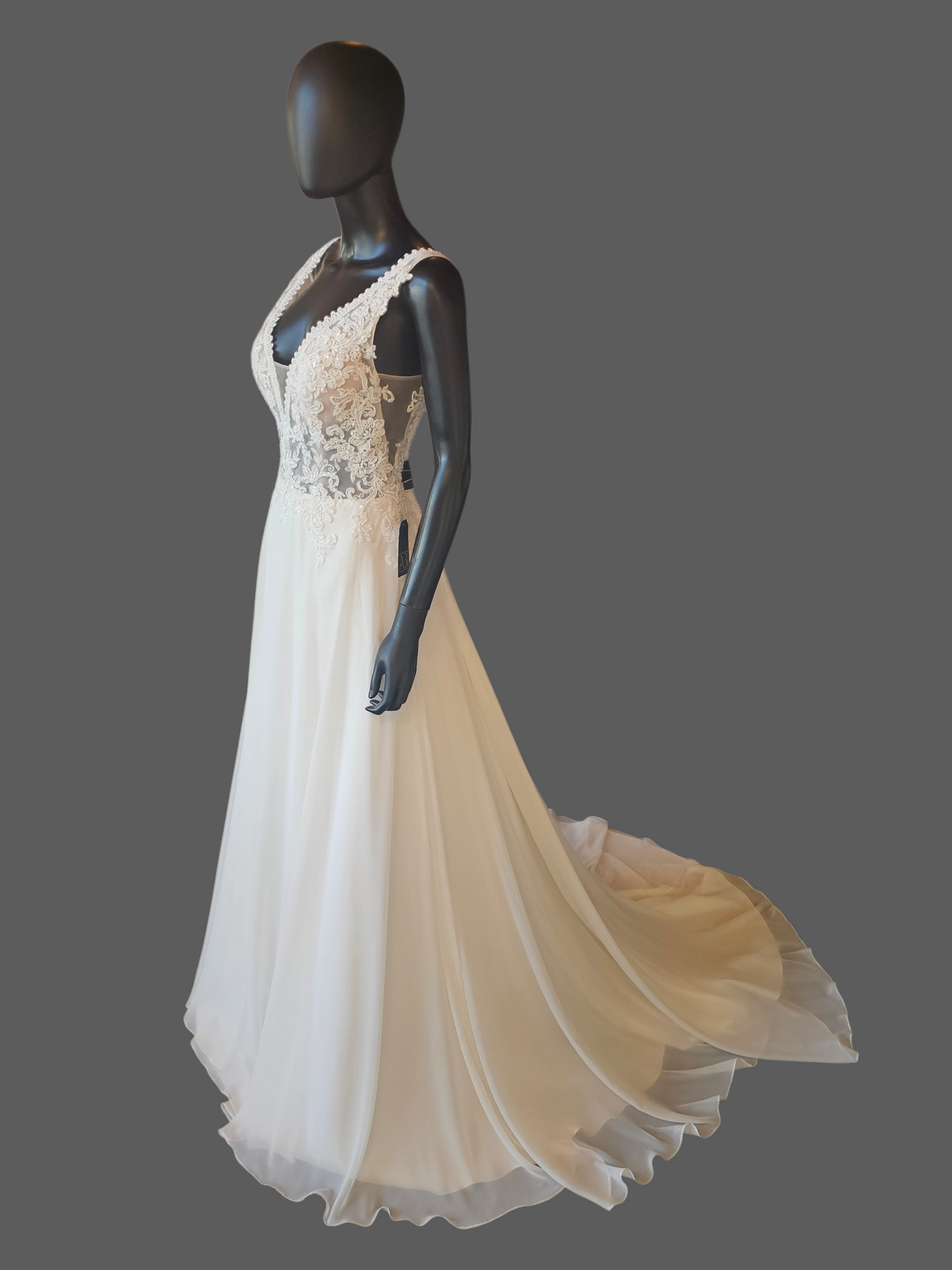 Ivory V-Neck Beaded Plunge Chiffon Skirt A-Line Wedding Gown - Beloved Private Label