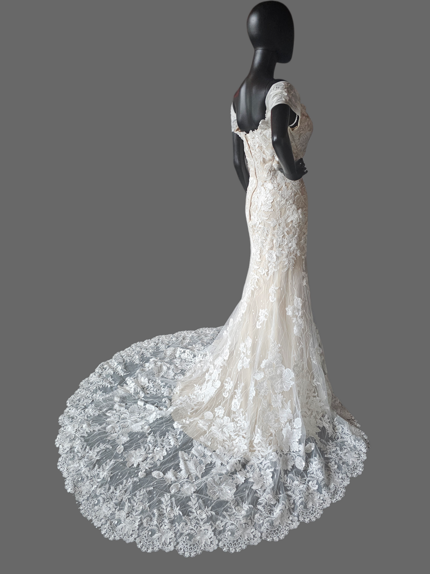 Ivory/Honey Layered Lace Fitted Off Shoulder Wedding Gown - Martin Thornburg