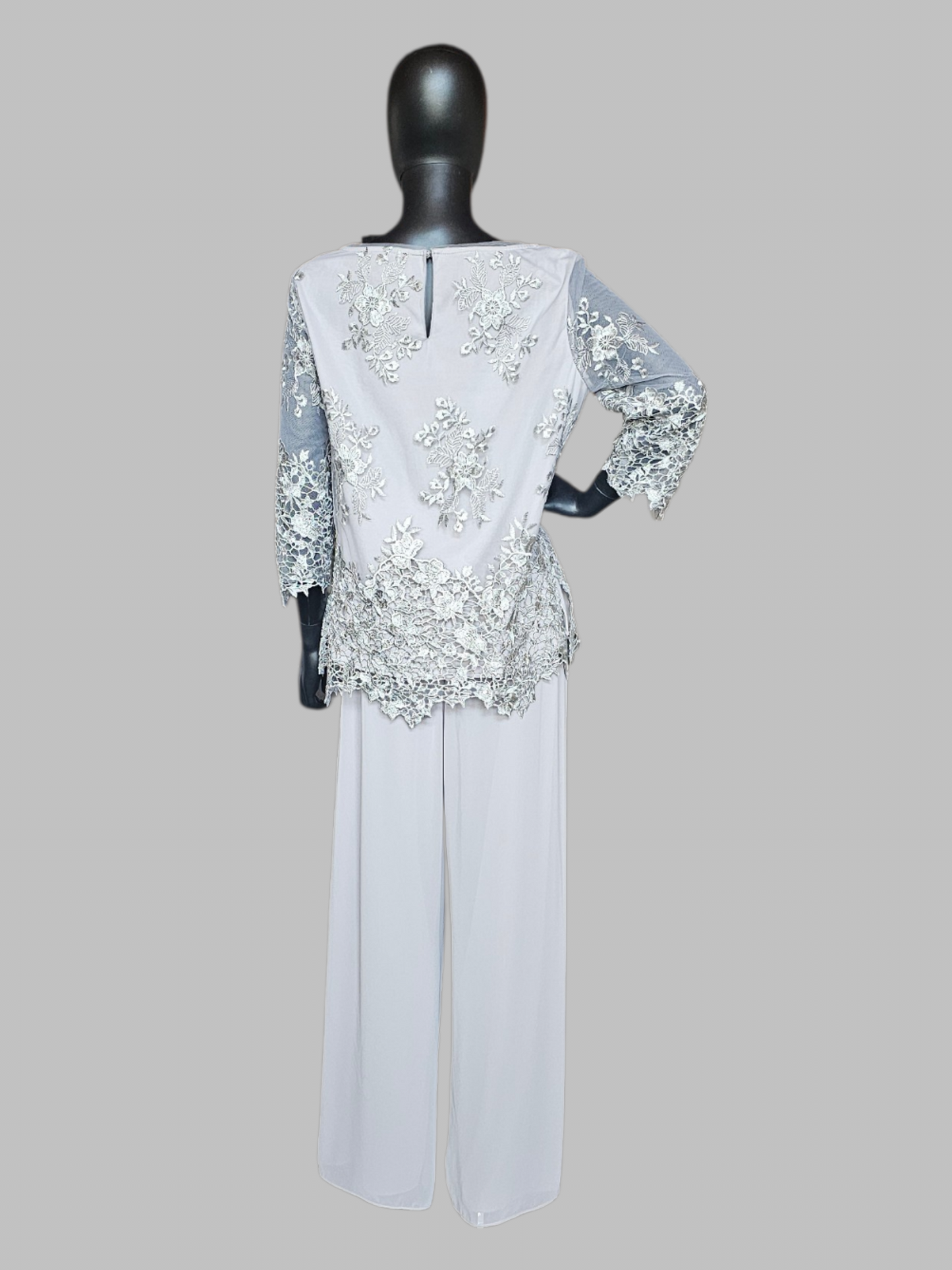 Grey Lace 3/4 Sleeve Chiffon 2 Piece Pant Mothers Formal Wear - Alex Evenings