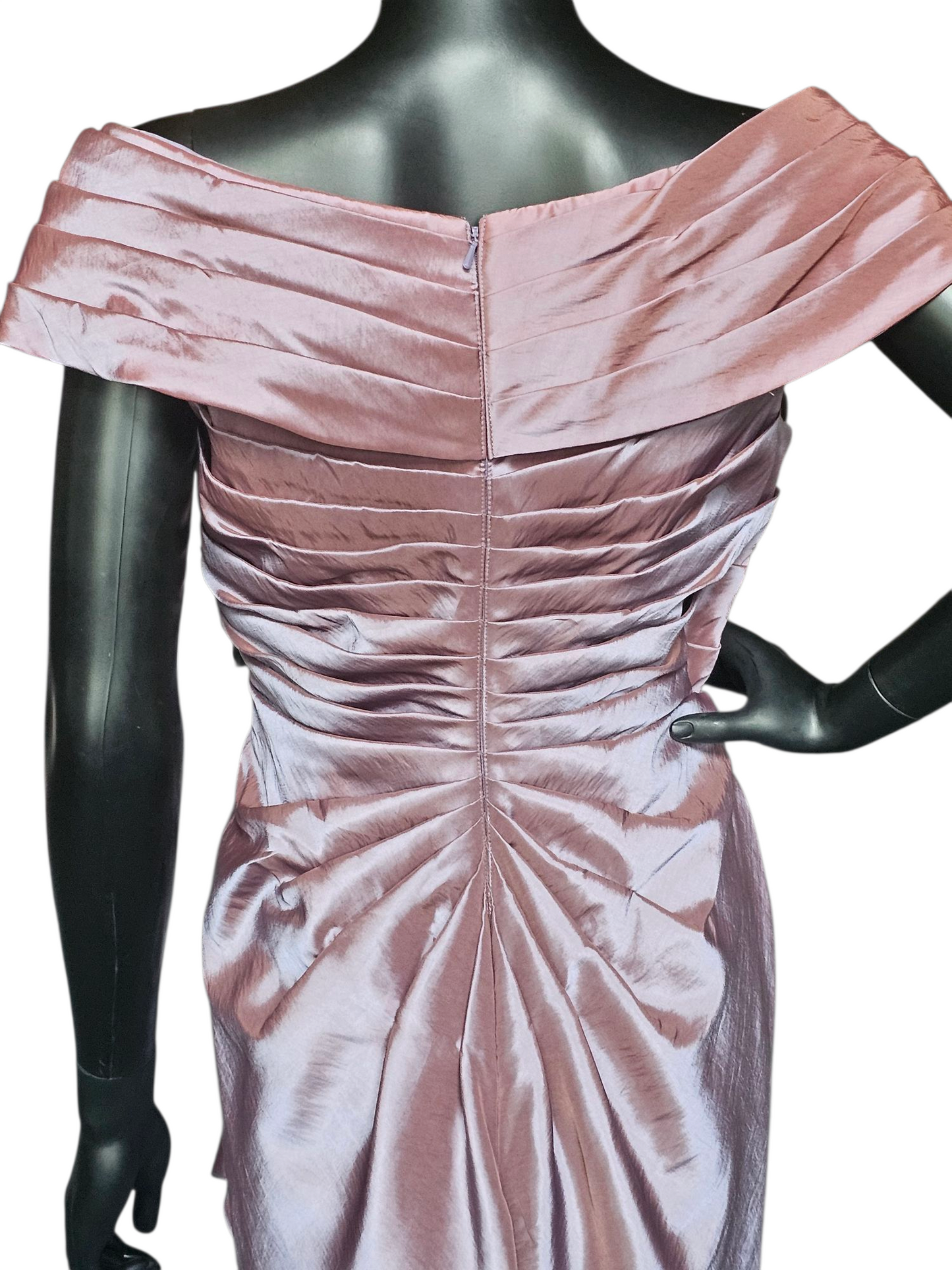 Iridescent Rose Taffeta Asymmetrical Off Shoulder Cocktail Dress - Jade