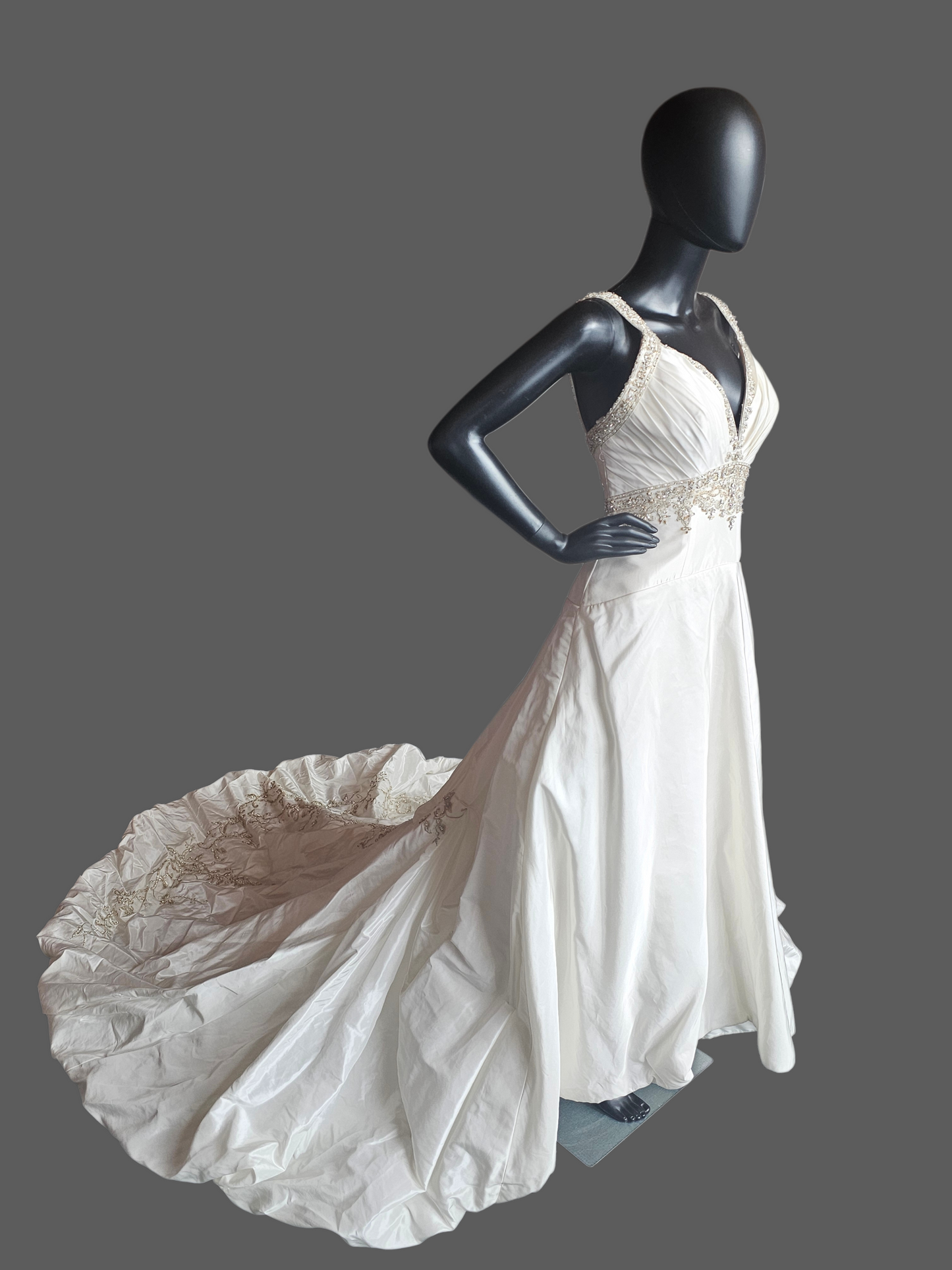 Ivory Taffeta Drop Waist V-Neck Wedding Gown - Petite