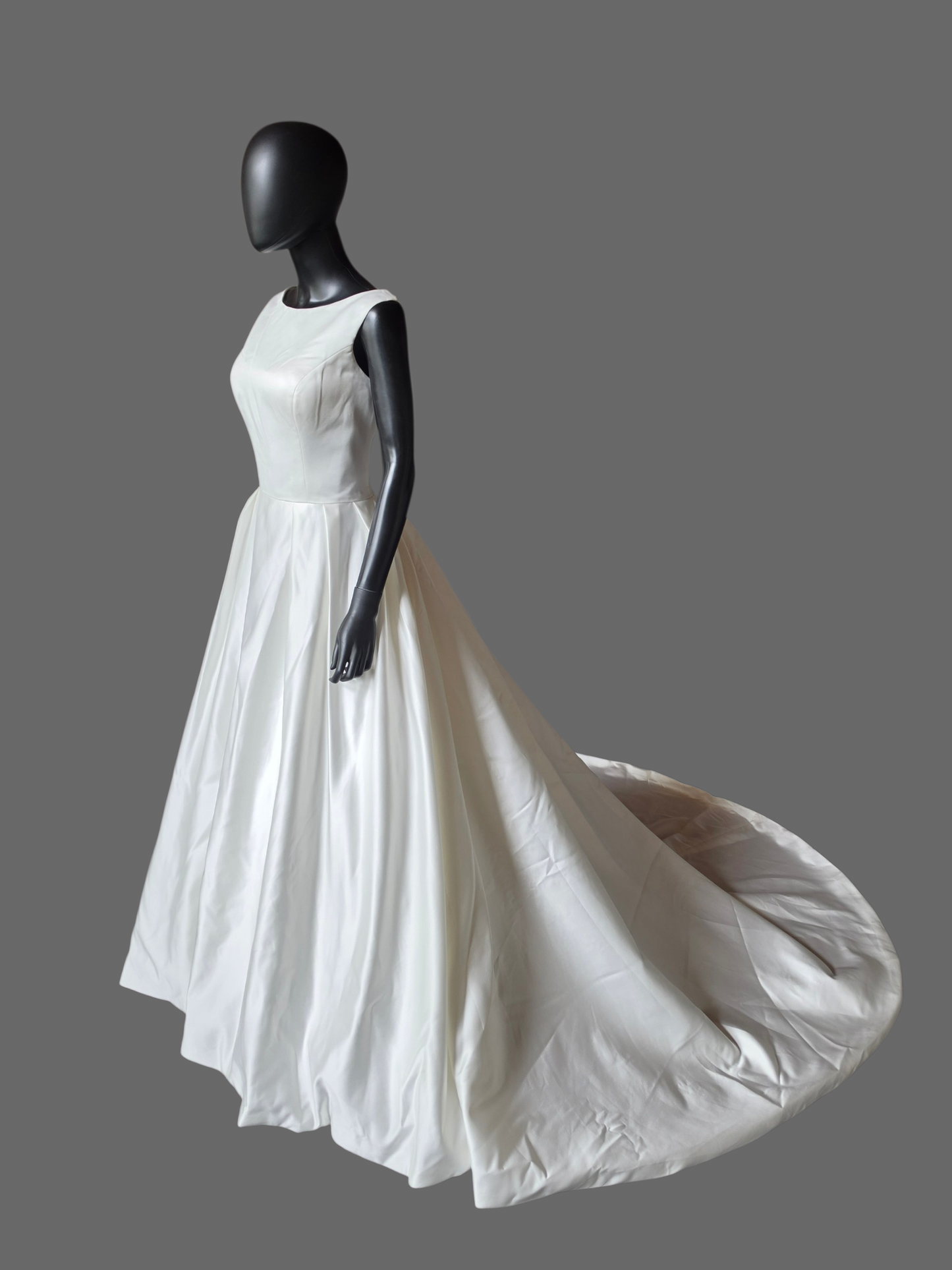 Ivory Simple Satin A-Line Boat Neck Box Pleat Wedding Dress