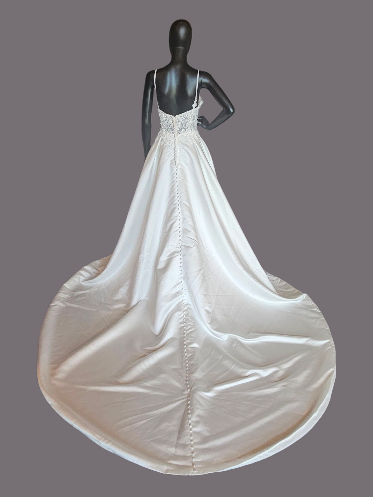 Ivory Satin Plunge Illusion Bodice Removable Feather Straps Wedding Gown - Amy & Eve