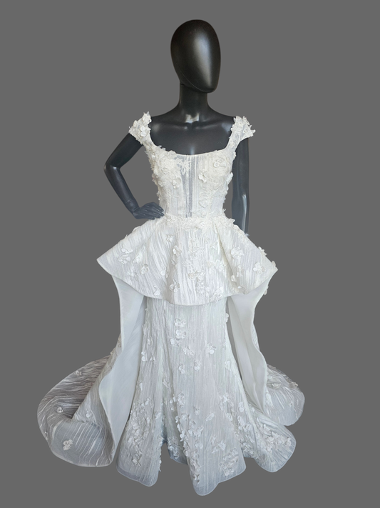 Ivory Wedding Gown 3D Floral Peplum With A Square Neckline And Cap Sleeves - Maddison James