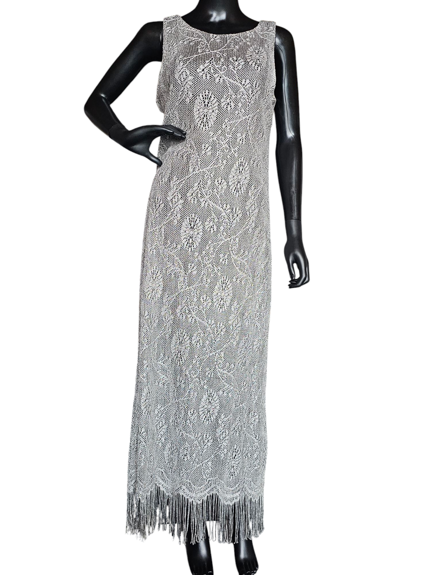 Silver Crochet Sheath/Fringe Formal Dress W/Bolero Jacket - Harlow Nites