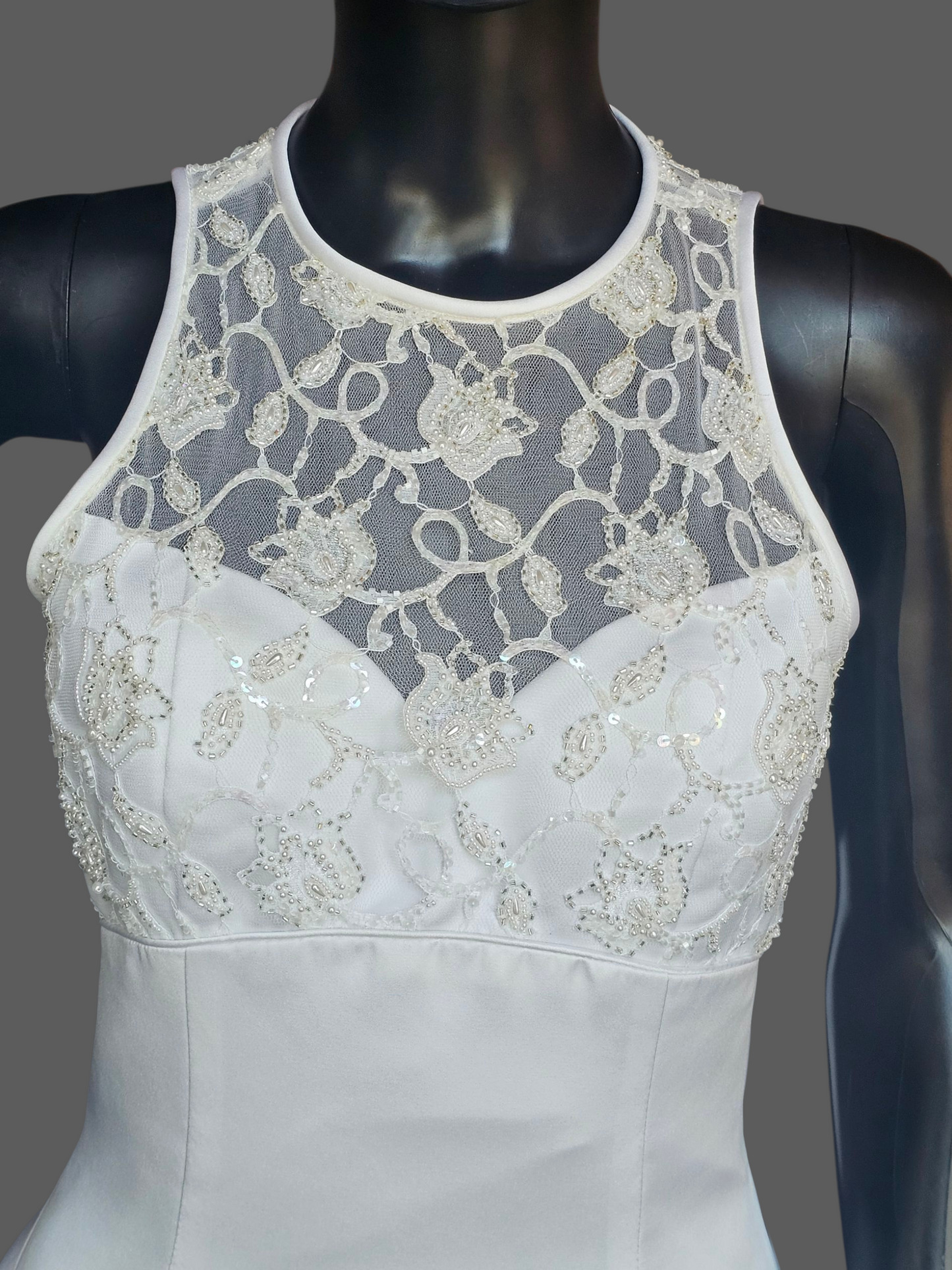 Vintage Halter Illusion Tulip Beaded Hem White Satin Wedding Dress - Venus