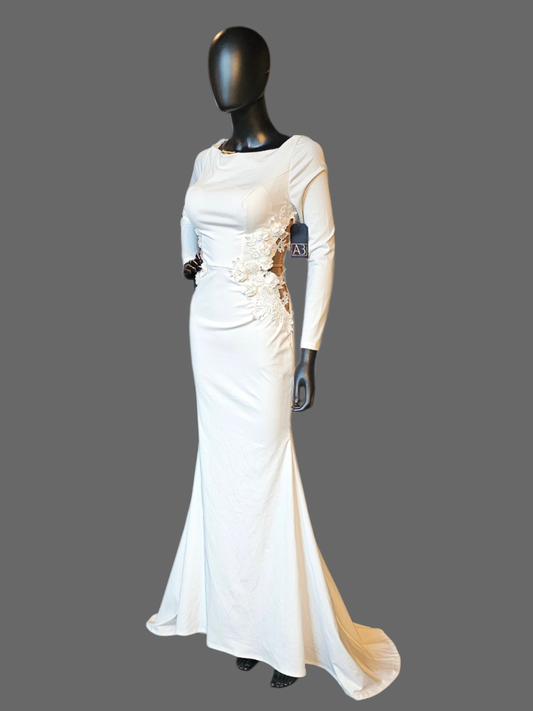 White High Neck Long Sleeve Floral Cutout Wedding Gown