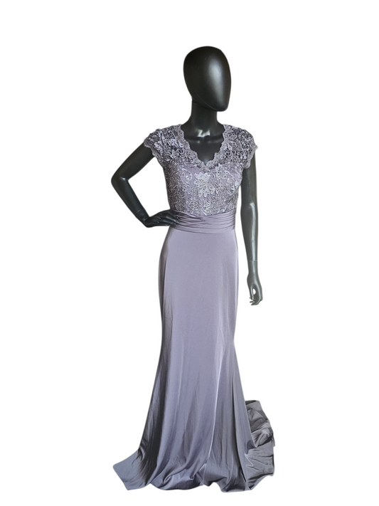 Slate Lace Cap Sleeve Fit/Flare Formal Dress - Alyce