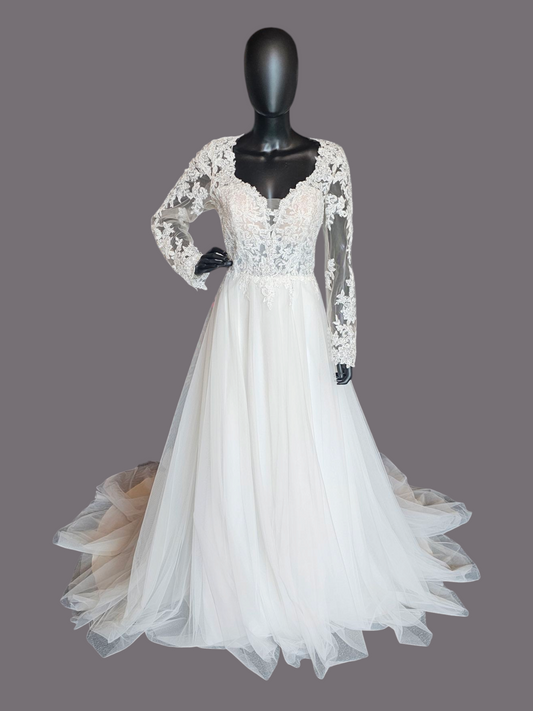 Illusion Bodice Long Sleeve A-Line Wedding Gown  - Evelyn Bridal