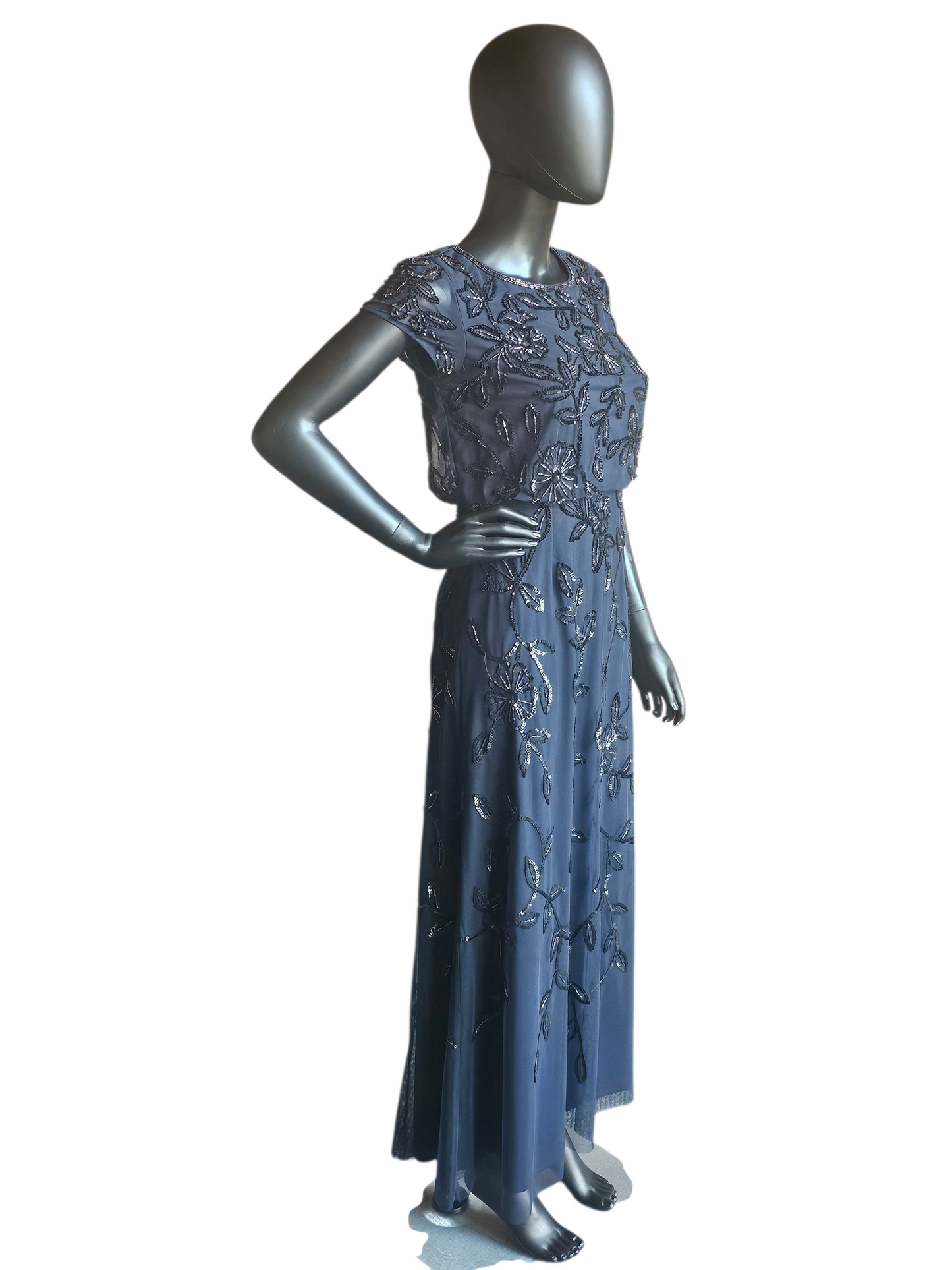 Navy Floral Blouson Cap Sleeve Formal Dress - Adrianna Papell