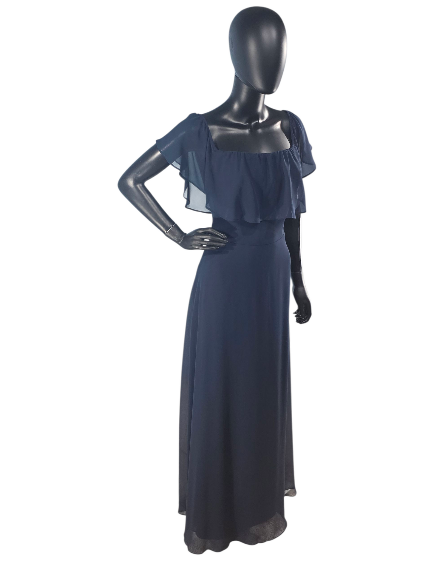 Navy Chiffon Flutter Sleeve Formal Dress - Bill Levkoff