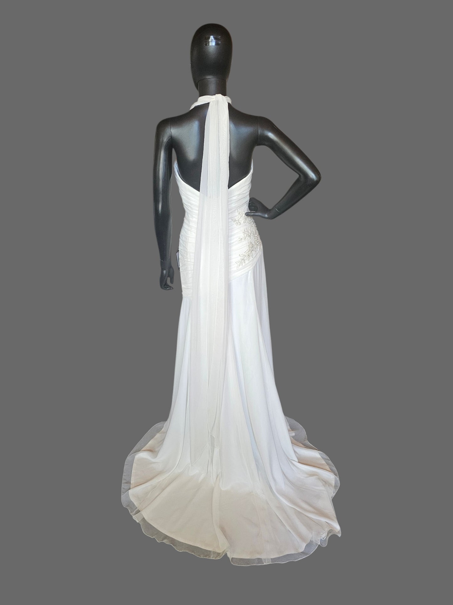 Chiffon Halter Asymmetrical Fit/Flare Beaded Applique - Private Label