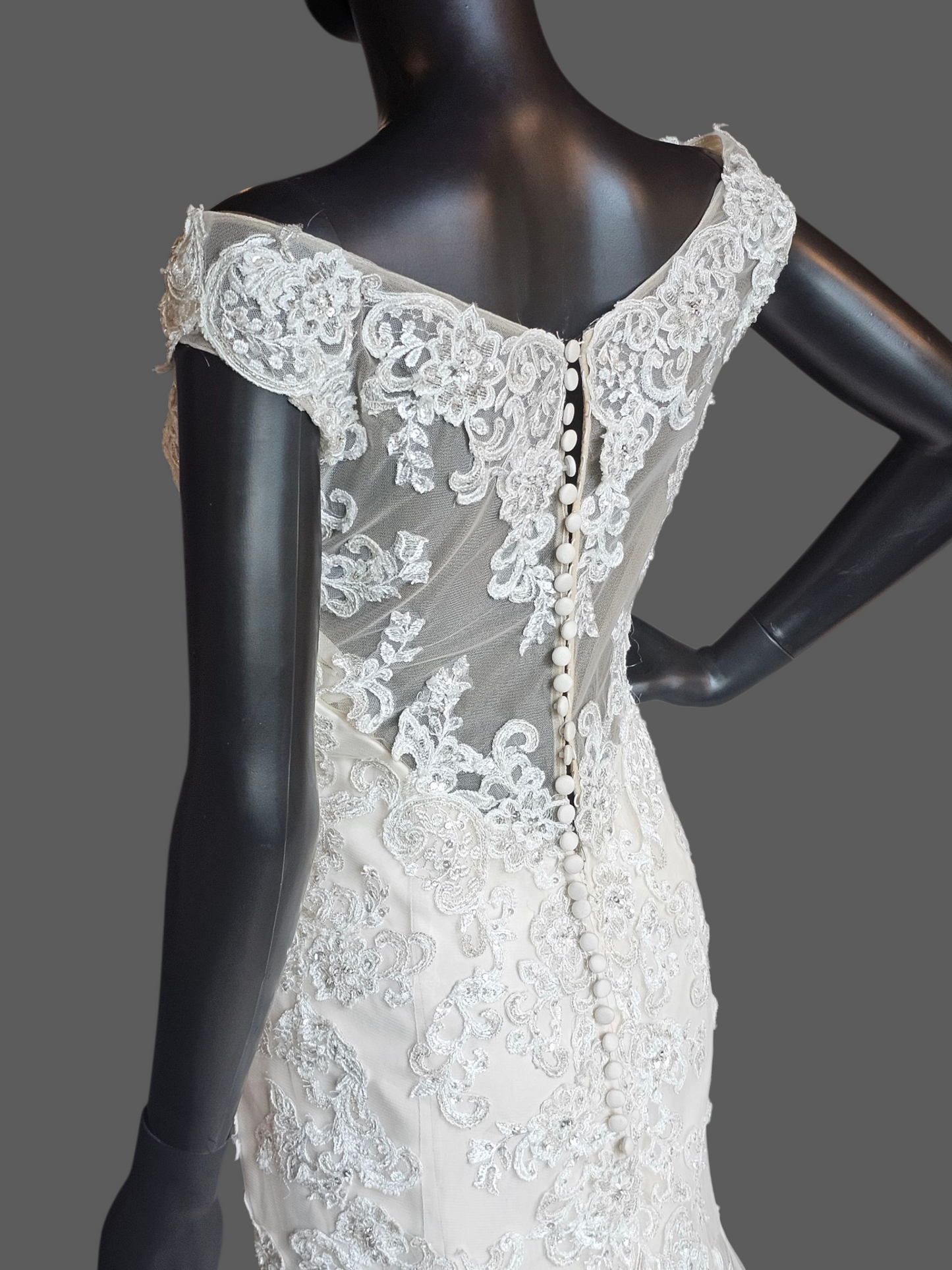 Ivory/Champagne Off Shoulder Fit and Flare Sparkle Illusion Wedding Gown