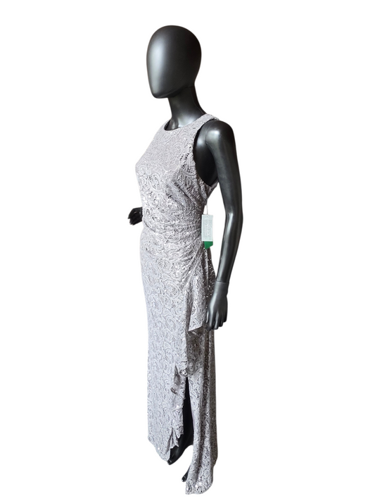 Pewter Sparkle Fit/Flare High Scoop Stretch Lace Side Ruched Slit Moms/Formal Dress - Alex Evenings