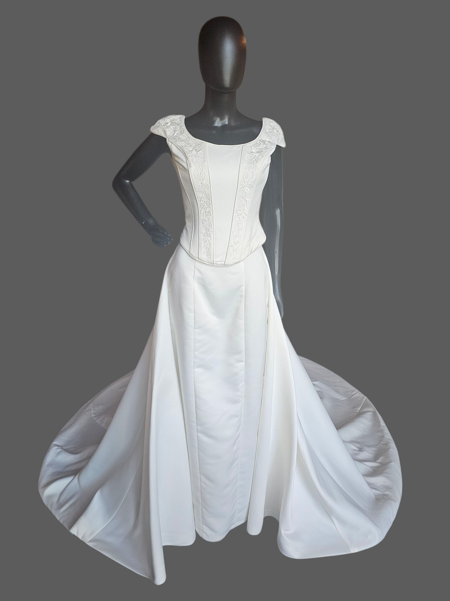 Fitted Cap Sleeve Basque Waist 3 Piece Wedding Gown - Detatchable Train