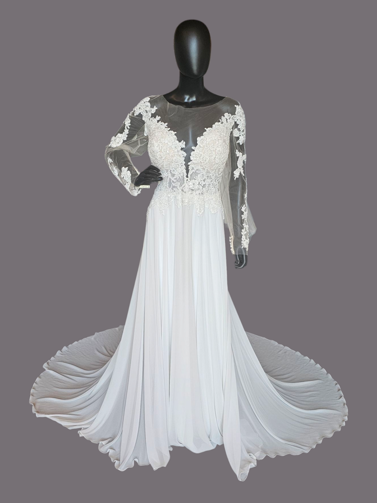 Ivory/Nude Deep Plunge Long Sleeve Chiffon Wedding Gown - Allure Romance