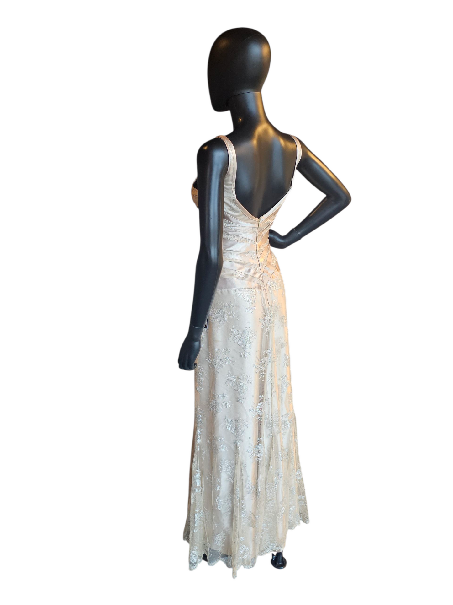 Gold Satin/Silver Lace V-Neck Tiered Fit/Flare Formal Gown - JS Collections