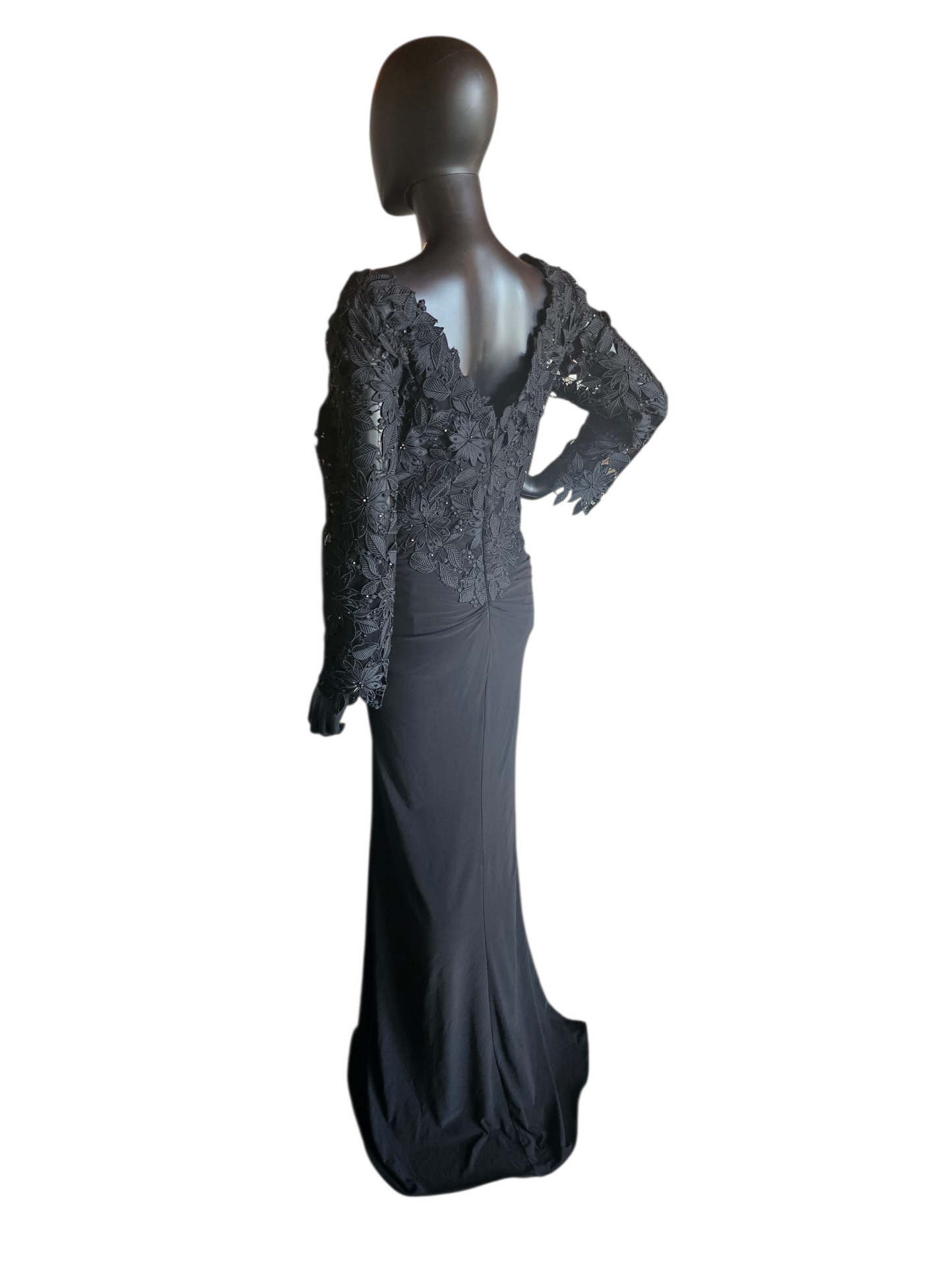 Black Open Weave Lace Long Sleeve V-Neck Formal Dress - Madeline Gardner